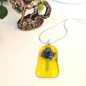 Translucent yellow purple floral pendant necklace, Unique handmade jewelry